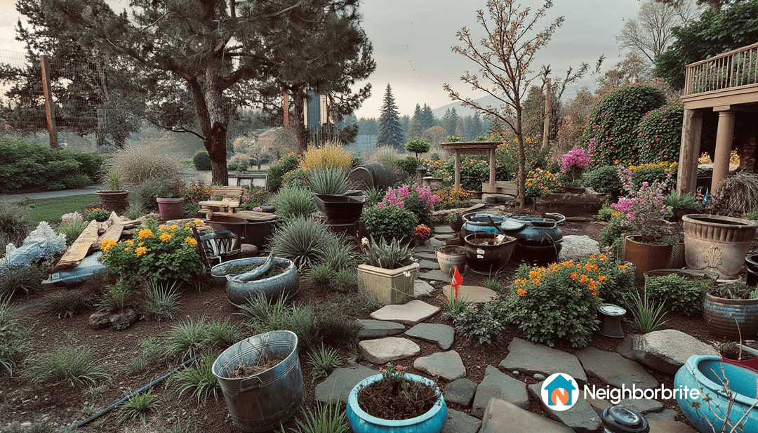 A vibrant garden in a high desert setting with various plants and pots.