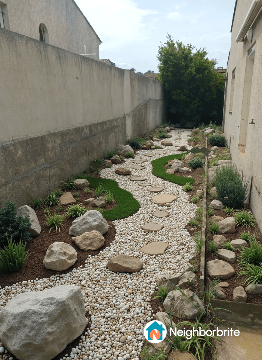 A landscaped pathway with stones, pebbles, and greenery.