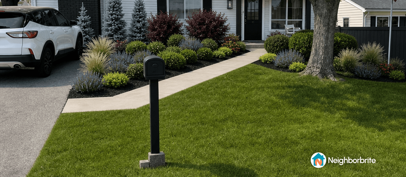 A well-maintained yard with flowers, shrubs, and a mailbox.