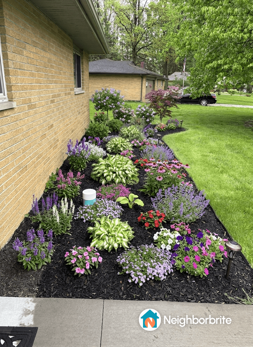 Colorful flower garden with various plants and mulch.