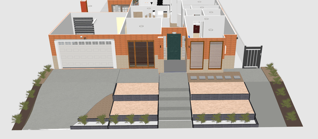 3D rendering of a home with retaining wall and driveway layout.