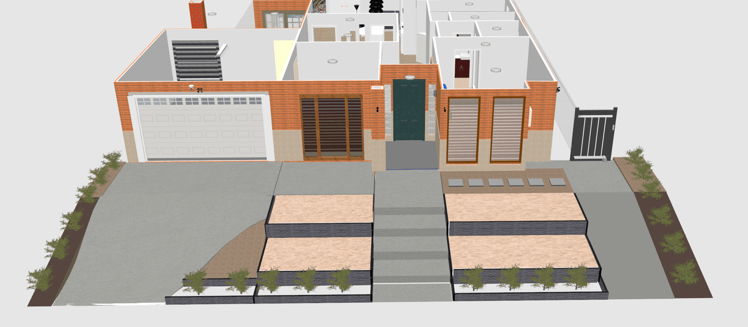 3D rendering of a home with retaining wall and driveway layout.