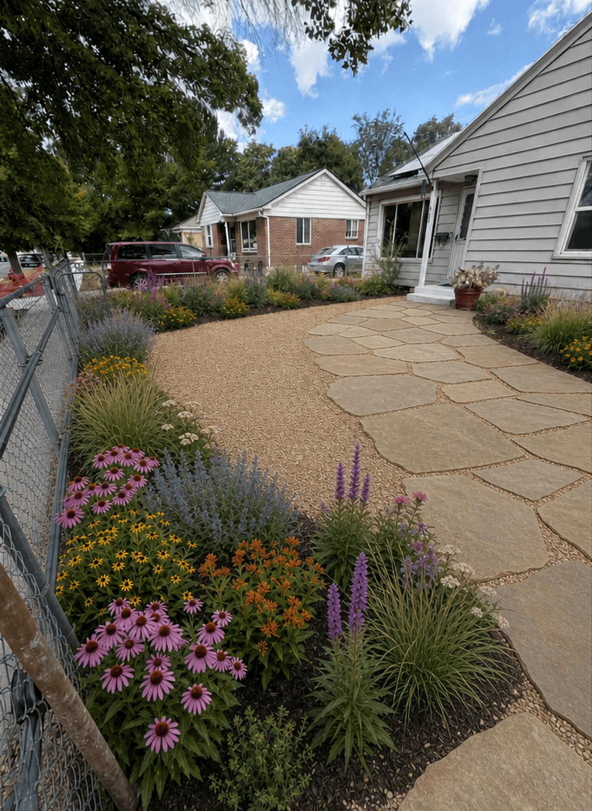 A landscaped yard featuring colorful flowers and stone pathways.