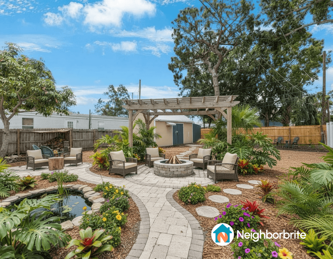 A landscaped yard featuring a pergola, fire pit, and water feature.