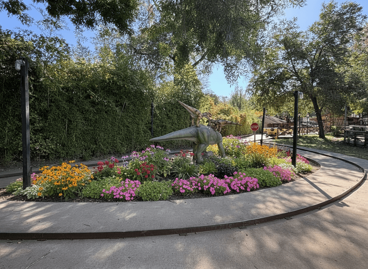 Colorful flower bed with a dinosaur sculpture in a park