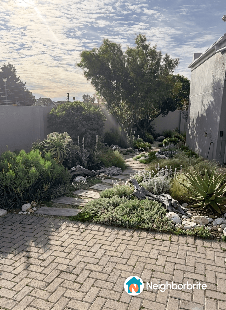 A landscaped yard with various plants and a stone pathway.