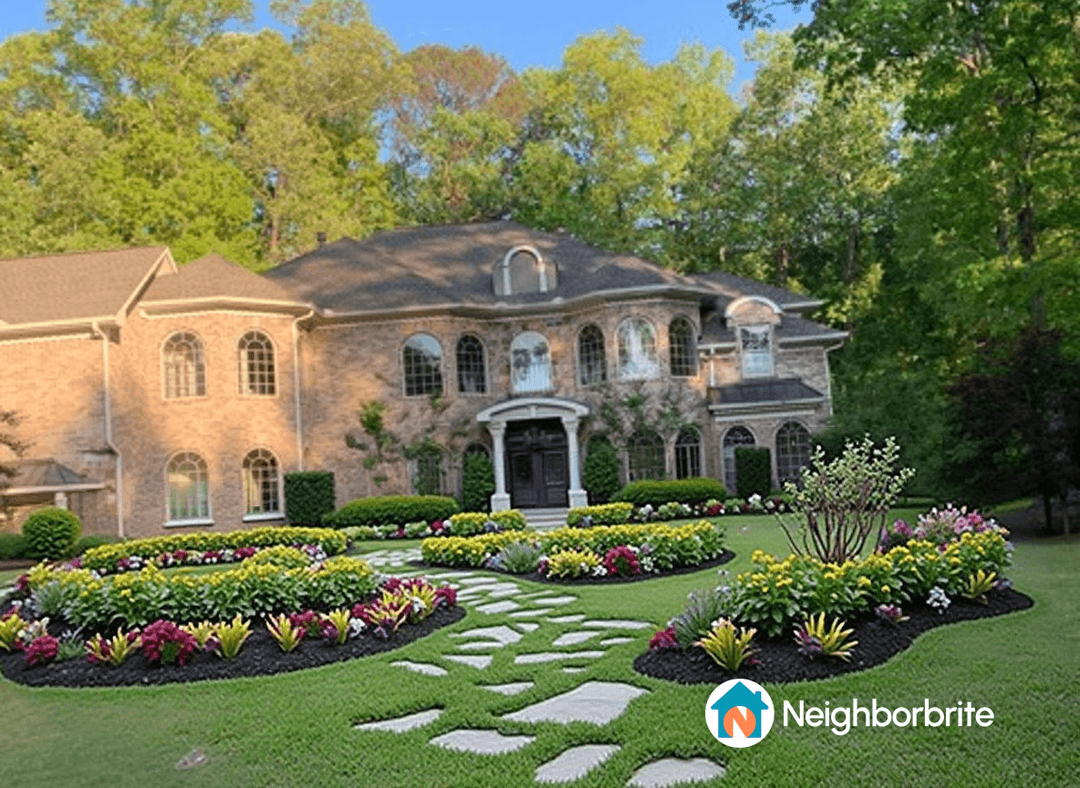 Beautiful landscaped yard with colorful flowers and stone path.