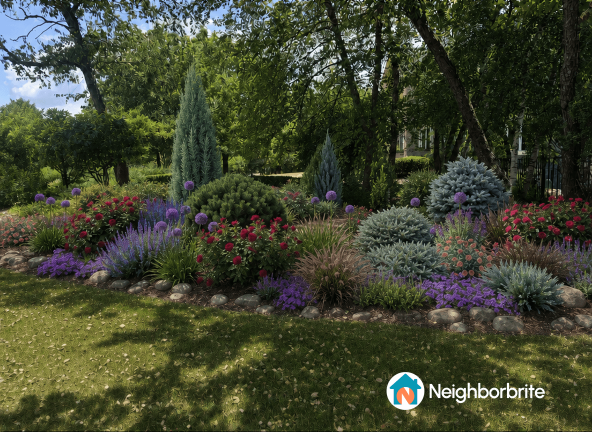 Vibrant garden with various flowers and shrubs in a landscaped area.