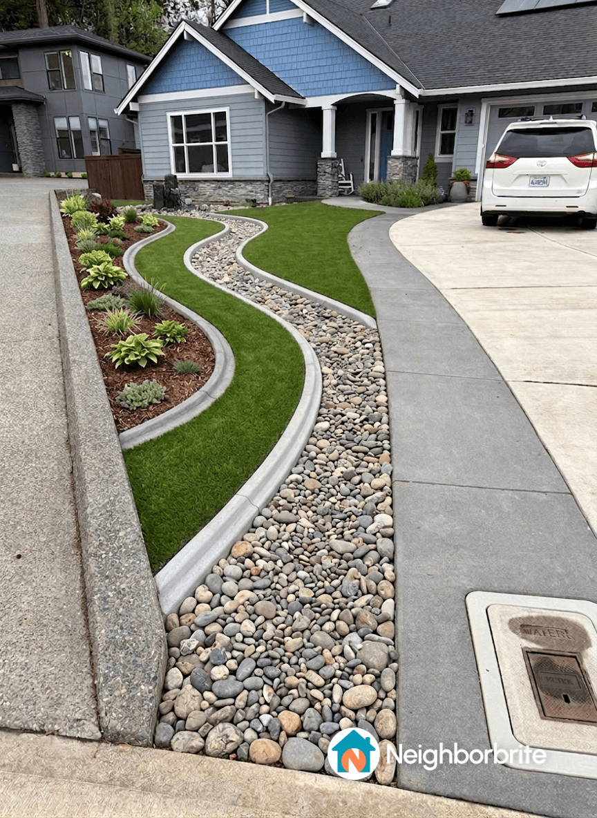 A landscaped yard with curved concrete, grass, and stones.