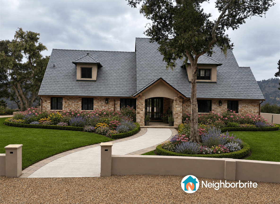 A charming house surrounded by colorful flower beds and a well-maintained lawn.