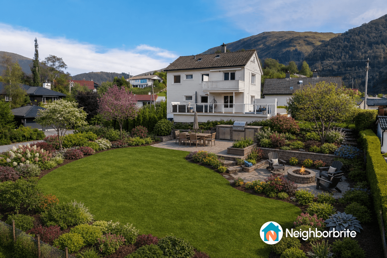 A spacious yard with grass and colorful flower beds, seeking design ideas.