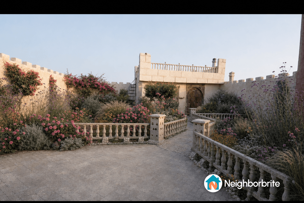 A picturesque garden with vibrant flowers and stone pathways.