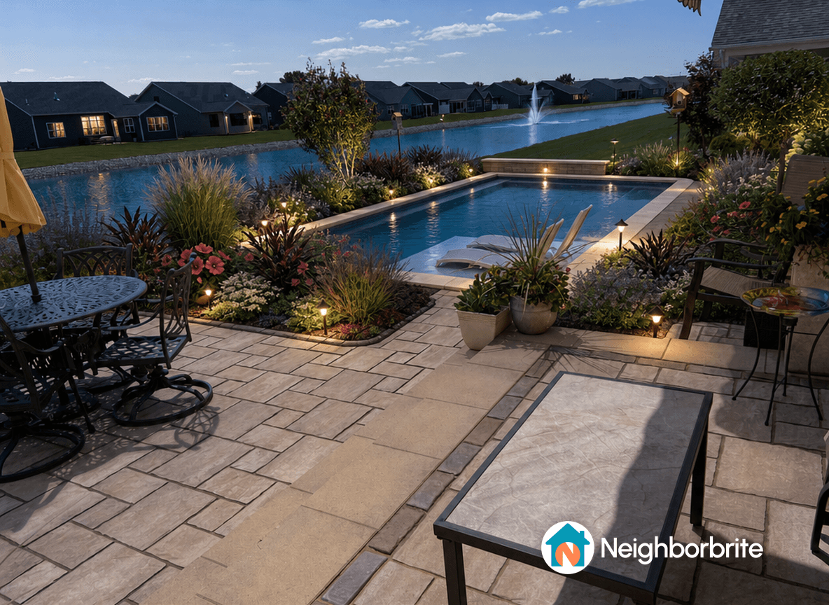 A beautiful paver patio with a pool and landscaped garden.