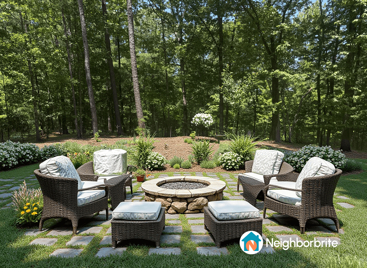 Outdoor seating area with chairs and fire pit in a garden