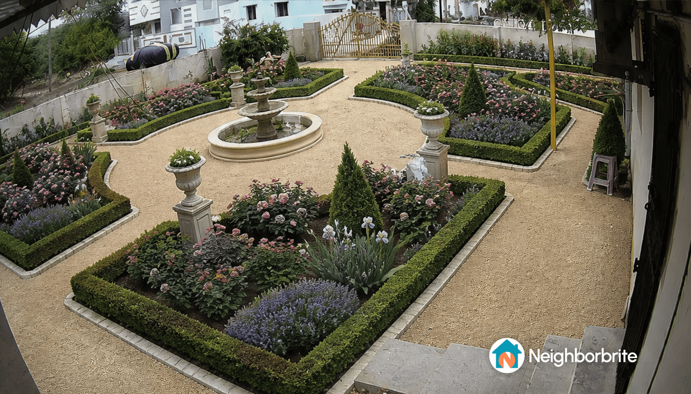 A vibrant garden with flowers, shrubs, and a fountain.