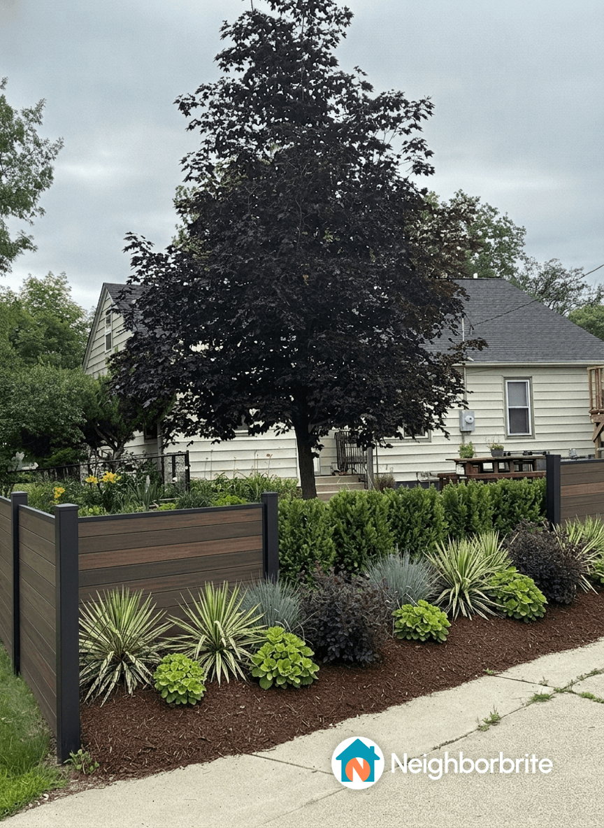 A yard with a large tree and landscaped borders, suggesting a raised garden area.