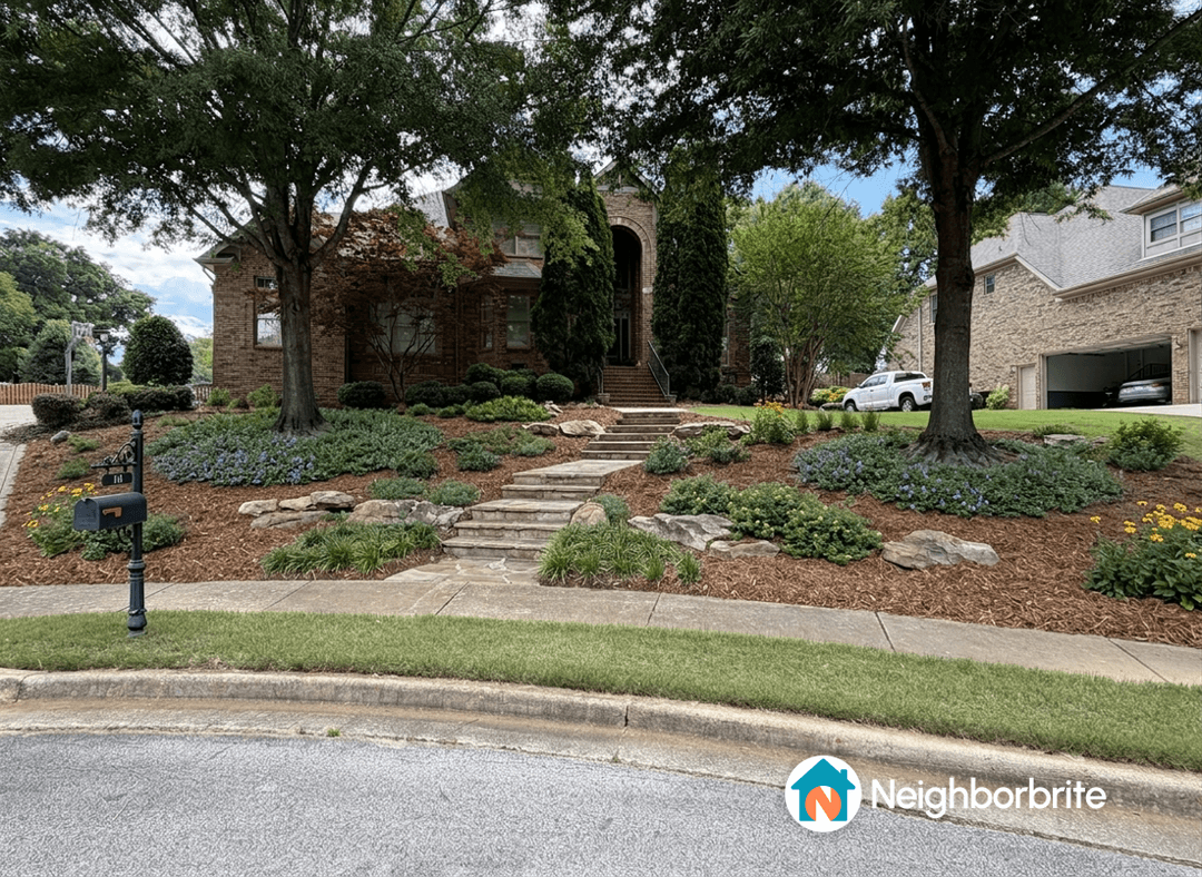 Front yard with landscaped garden, stone steps, and mailbox.
