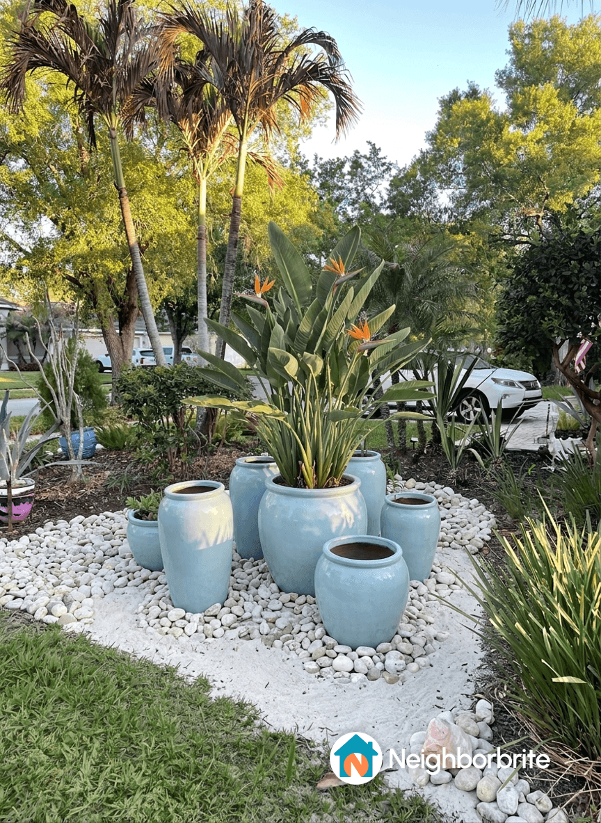 A serene garden scene with blue planters and tropical plants.