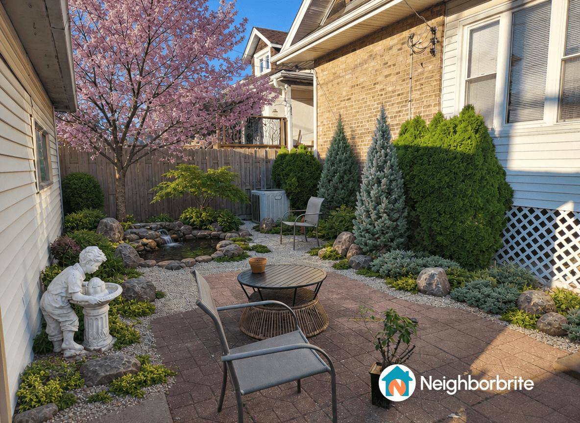 A serene garden with a pink tree, pond, and seating area.