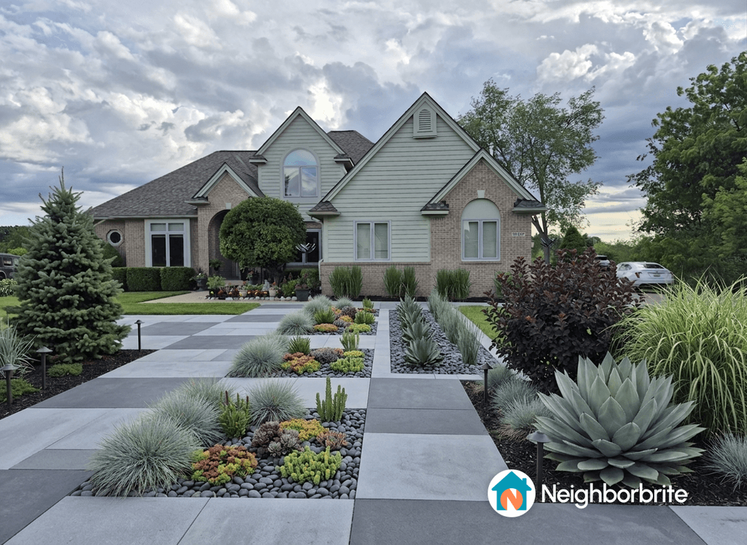 A beautiful curved stamped cobblestone walkway with new bushes and perennials.