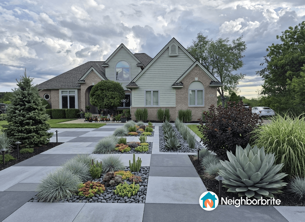 A beautiful curved stamped cobblestone walkway with new bushes and perennials.