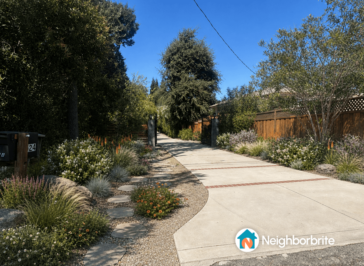 A landscaped driveway with flowers and a gate.