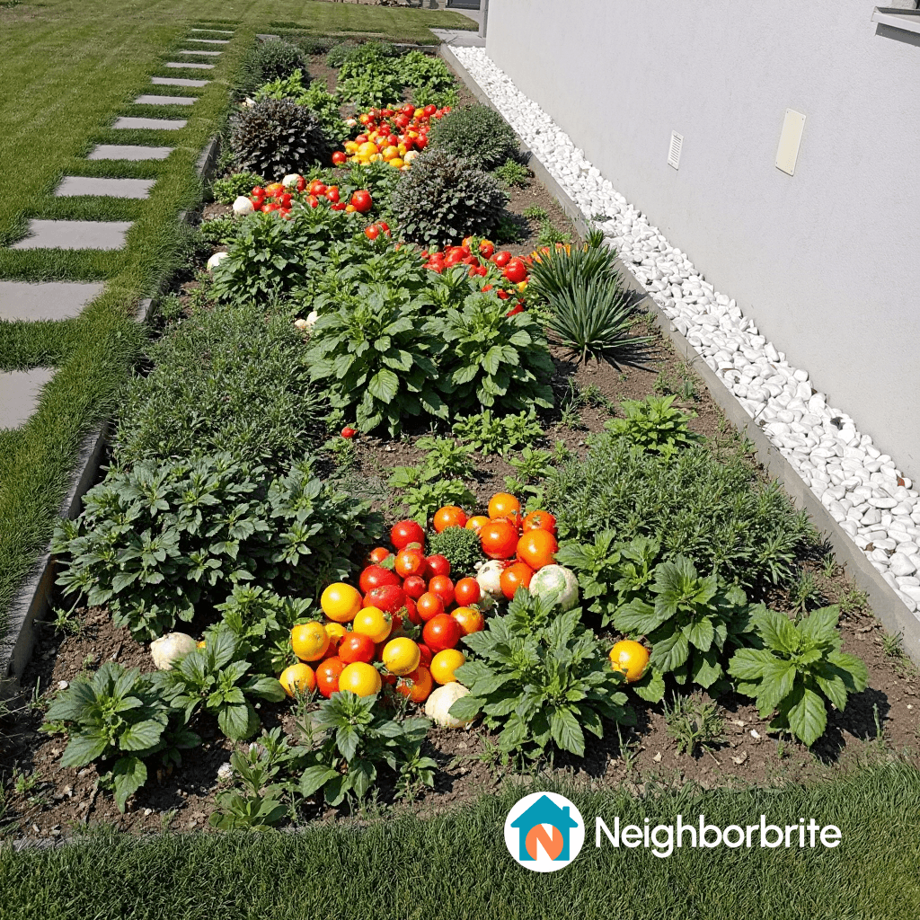 A garden bed with various vegetables, including cucumbers and tomatoes.
