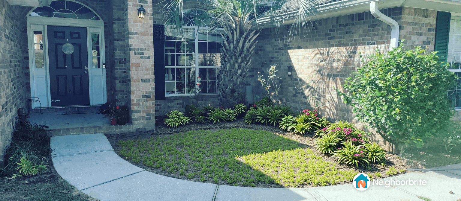 A front yard with a mix of plants and a grassy area, showcasing landscaping inspiration.