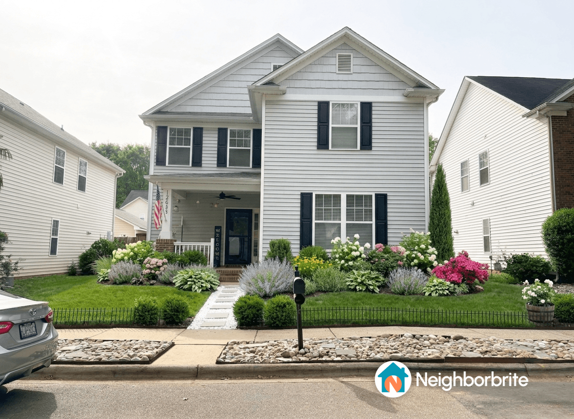 Front yard with numerous shrubs and flowers, seeking simplification advice.