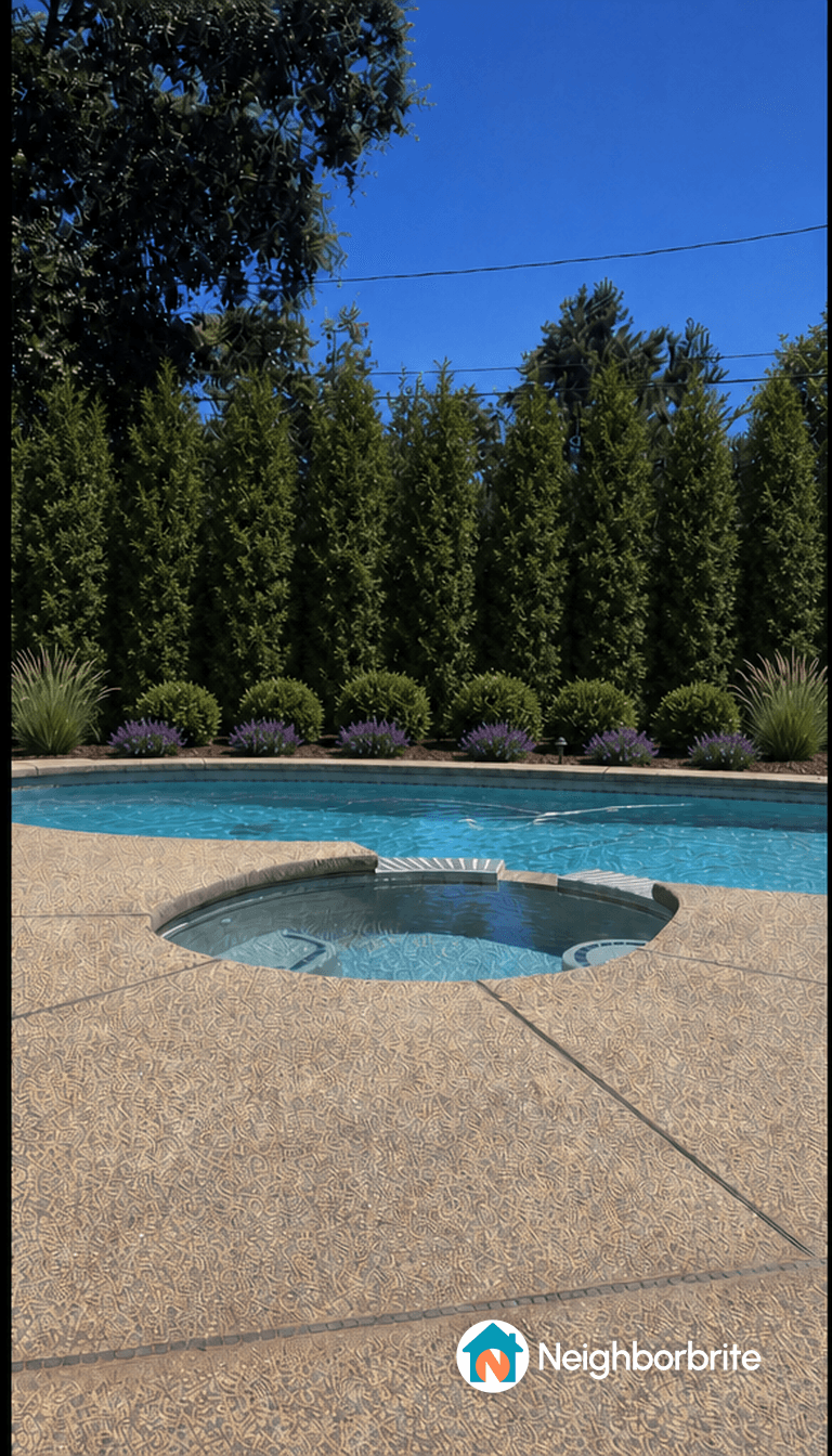 A pool area with a hot tub, surrounded by greenery and flowers.