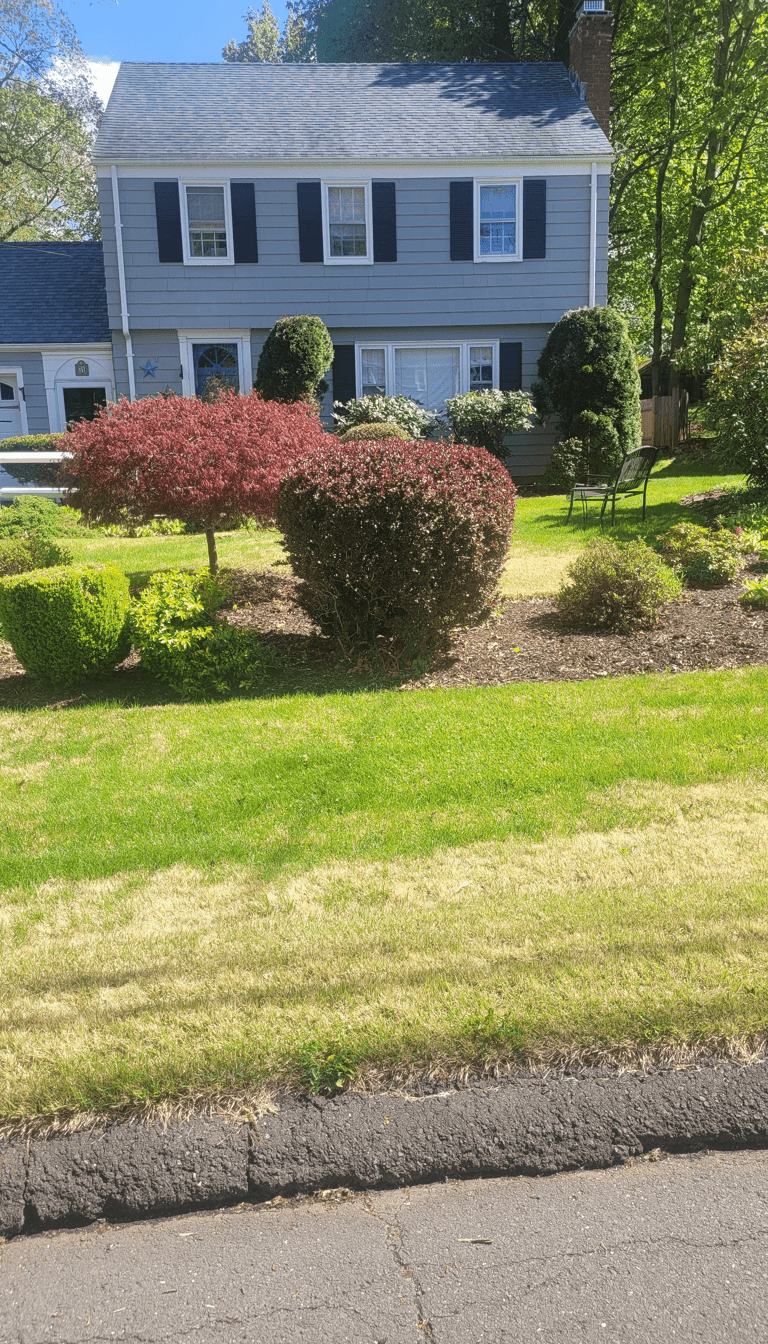 A well-maintained yard with various shrubs and flowers.