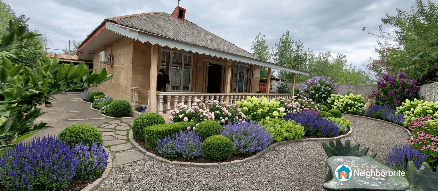 A beautifully landscaped yard with colorful flowers and a pathway.