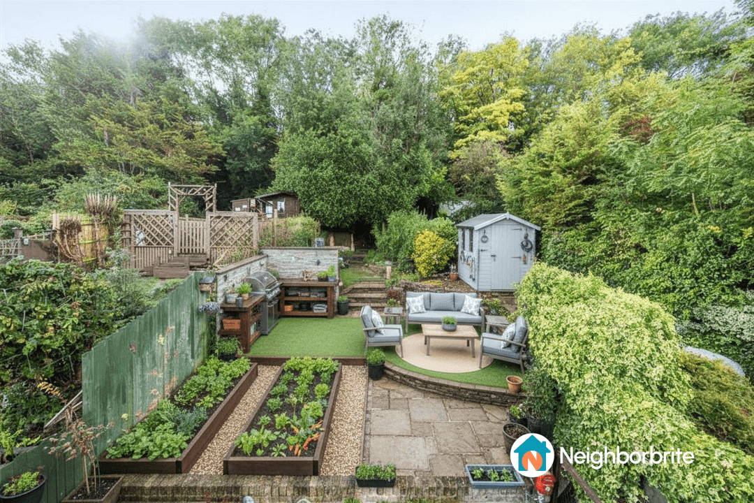 A well-designed garden with seating, plants, and greenery.