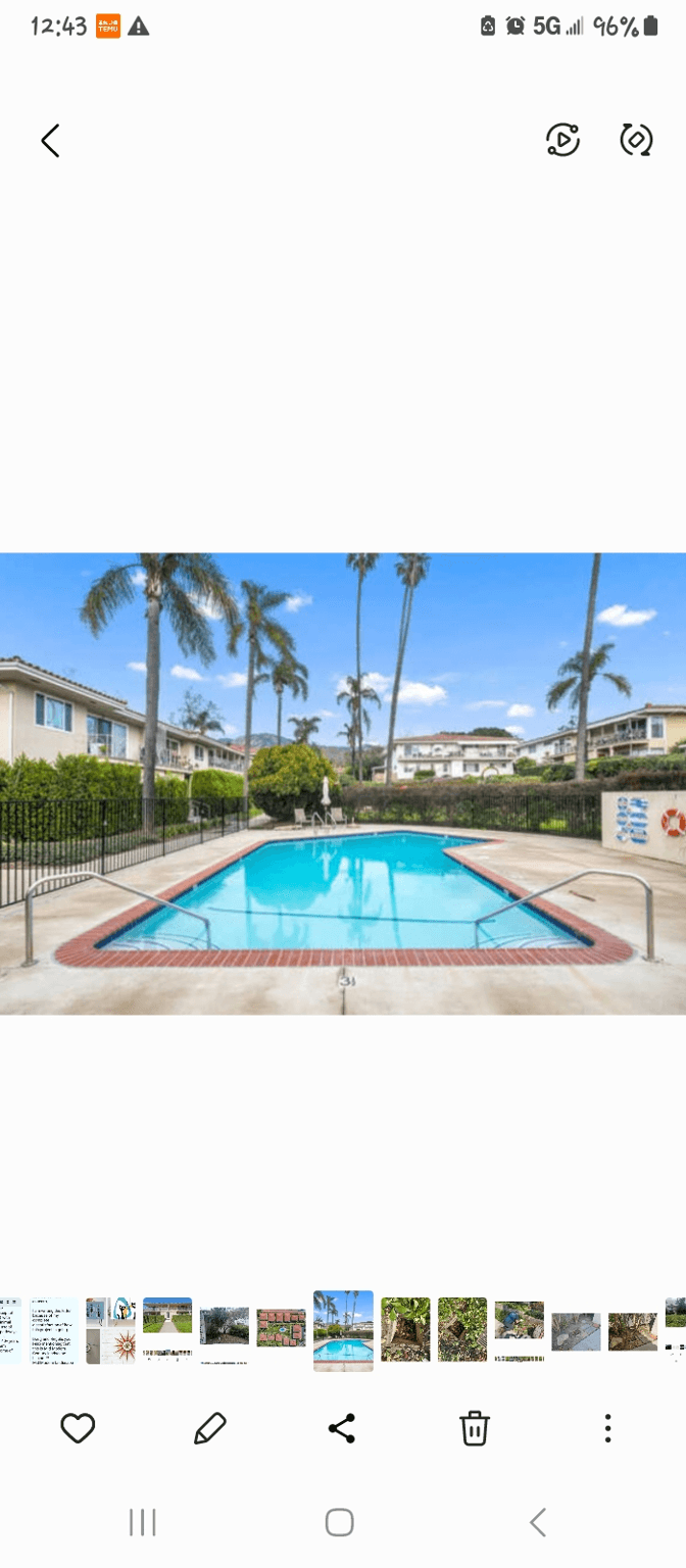 A clear swimming pool surrounded by palm trees and greenery.
