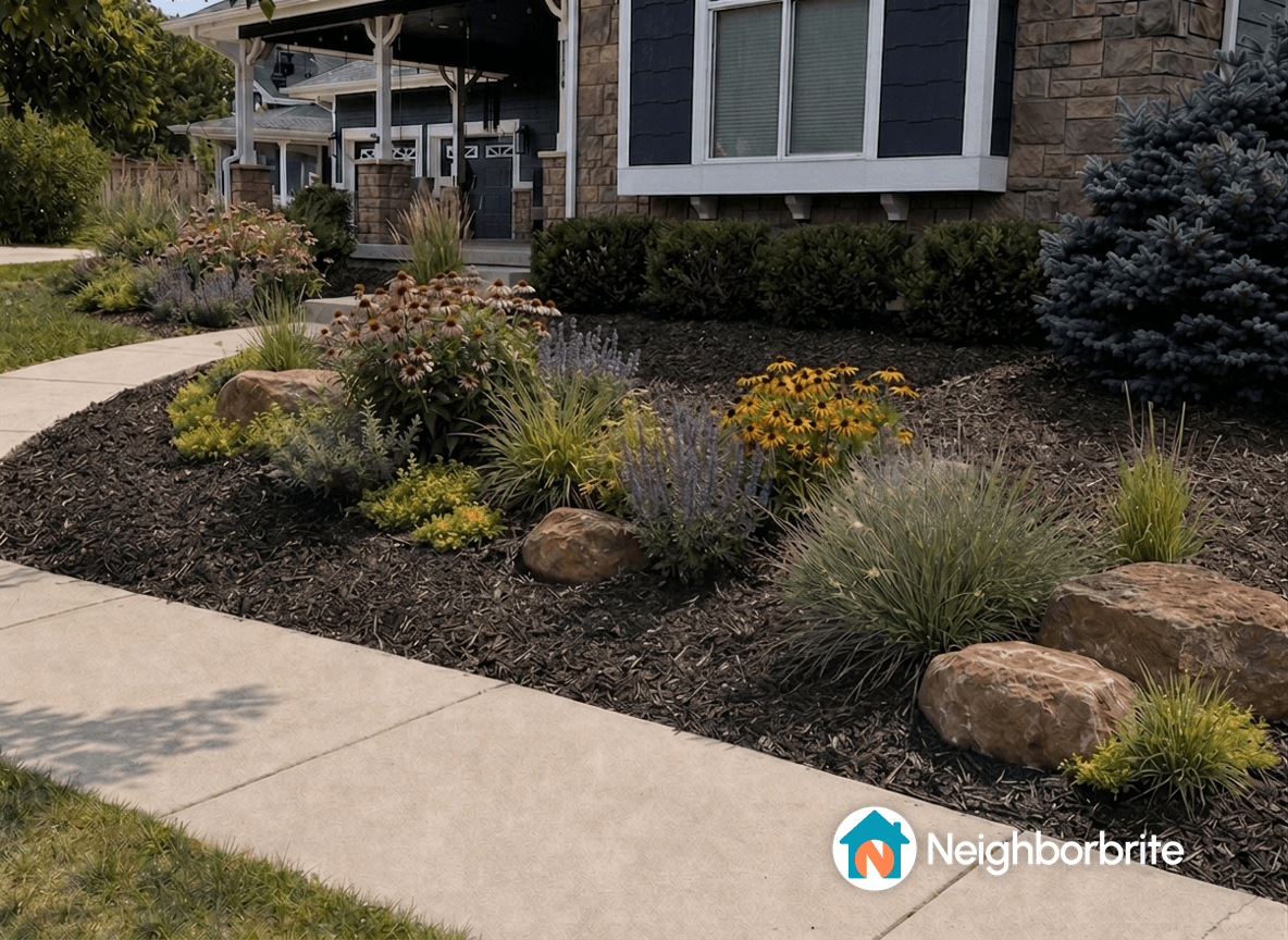 A landscaped front yard featuring colorful flowers, rocks, and mulch along a curved pathway.