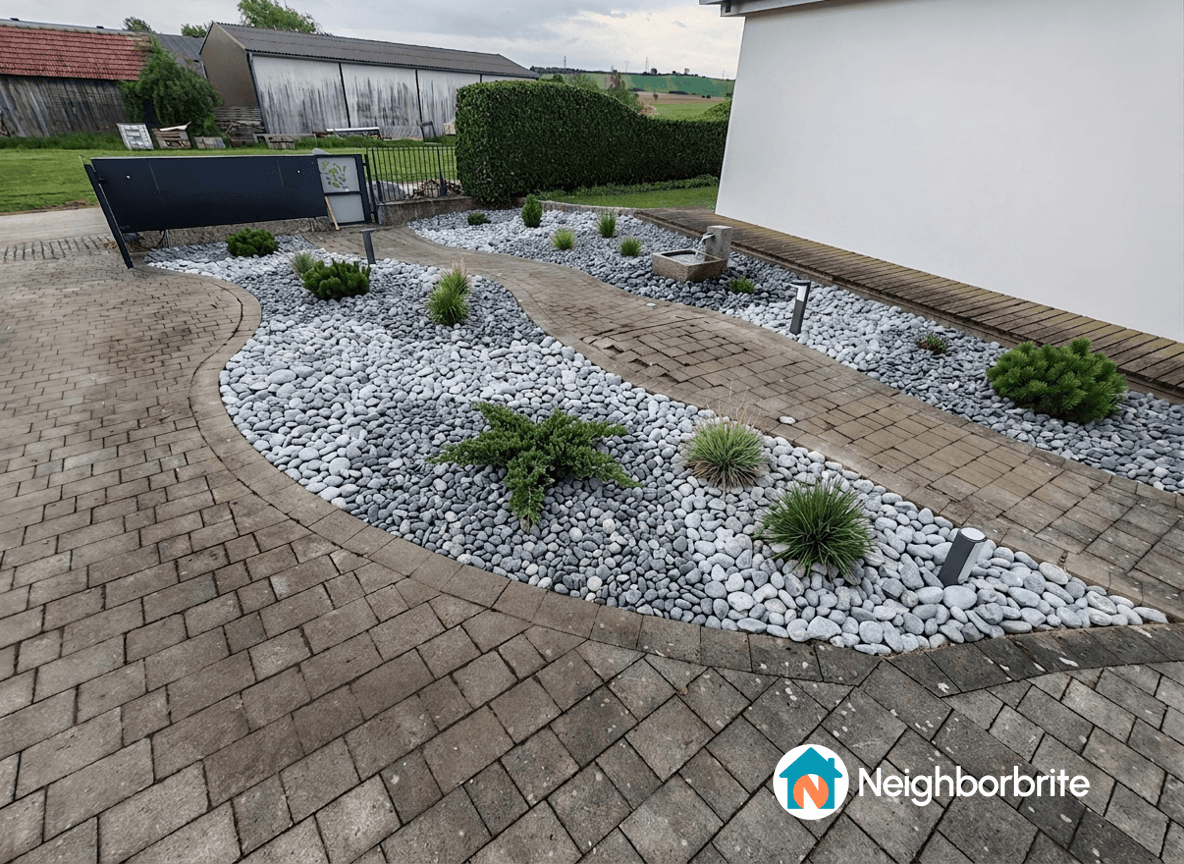 Landscape design featuring gravel and plants, suggesting a tree replacement.