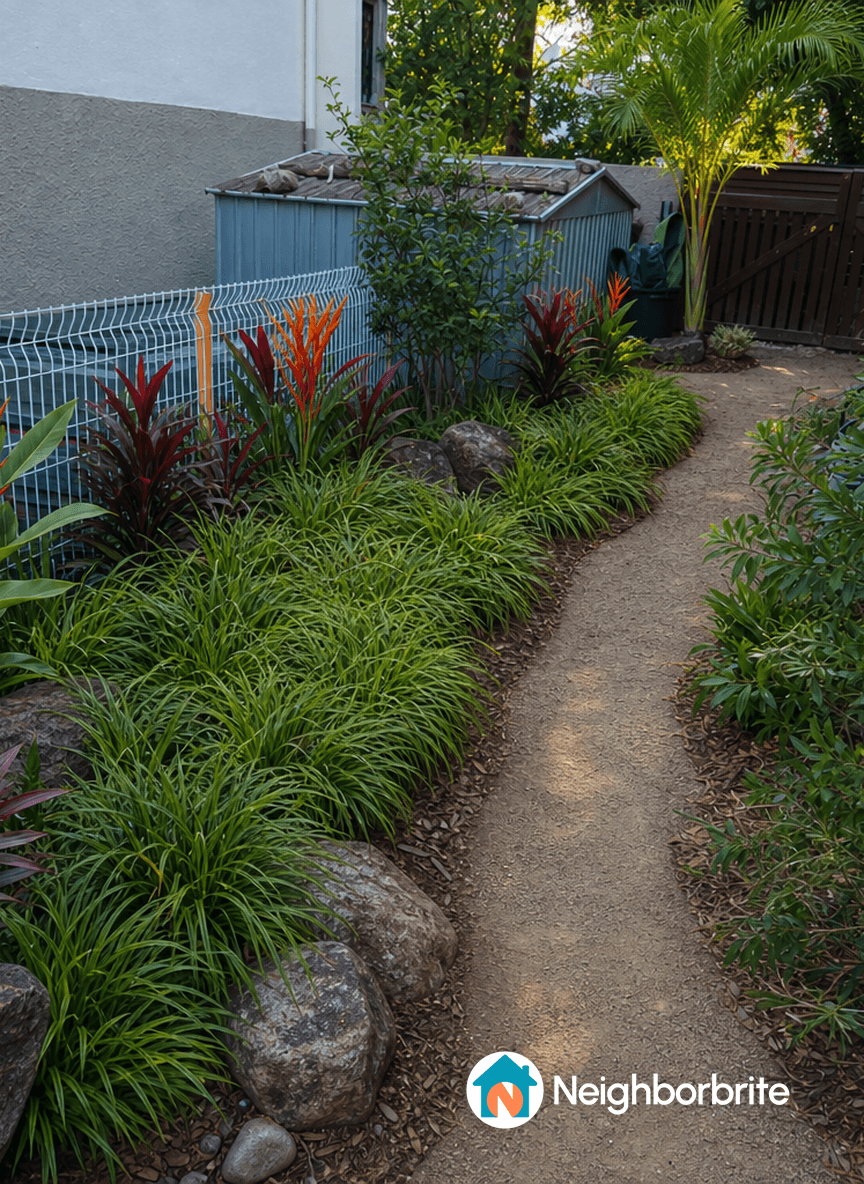 A landscaped path with vibrant plants and rocks beside a shed.