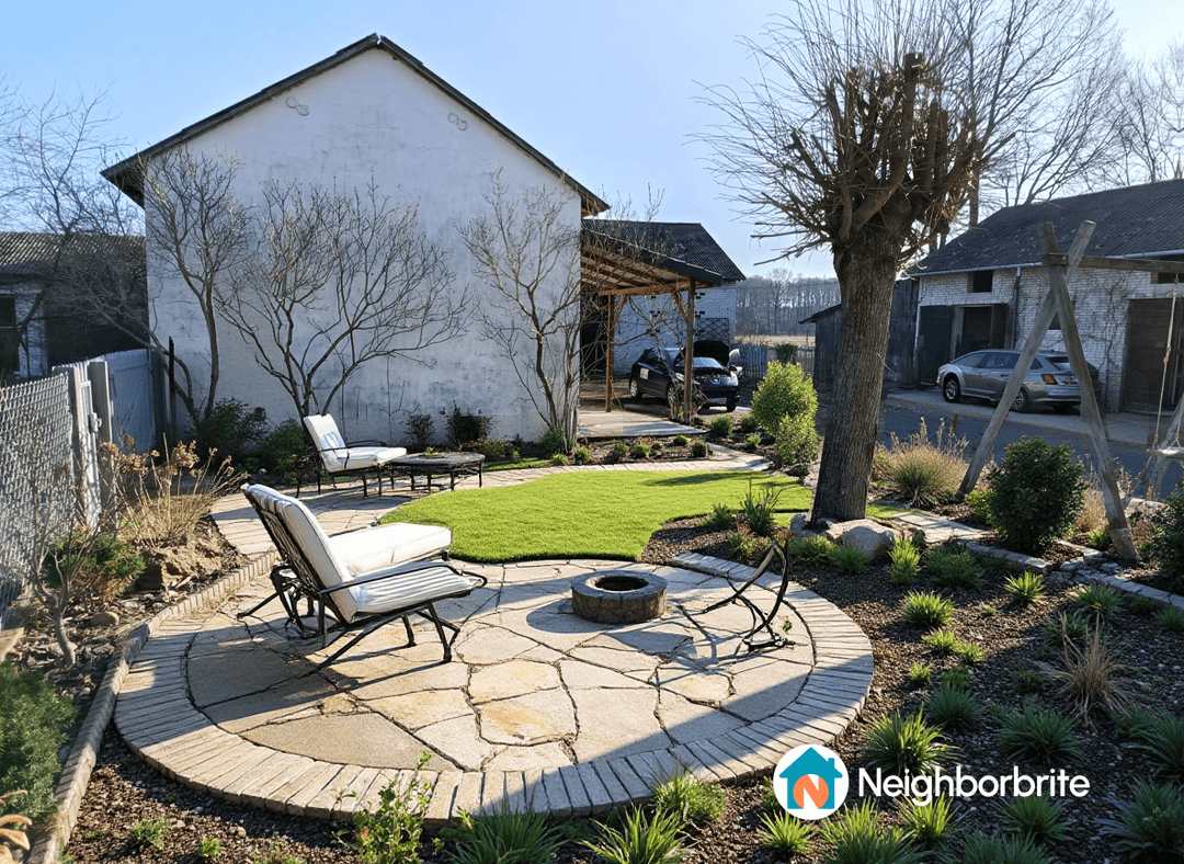 A landscaped yard featuring seating, a fire pit, and greenery.