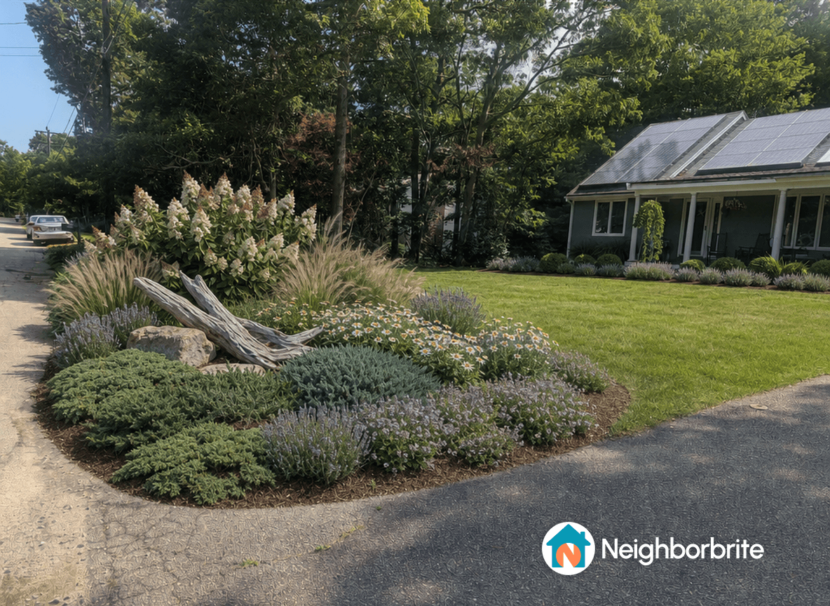 Beautiful landscaped yard with flowers, grasses, and driftwood.