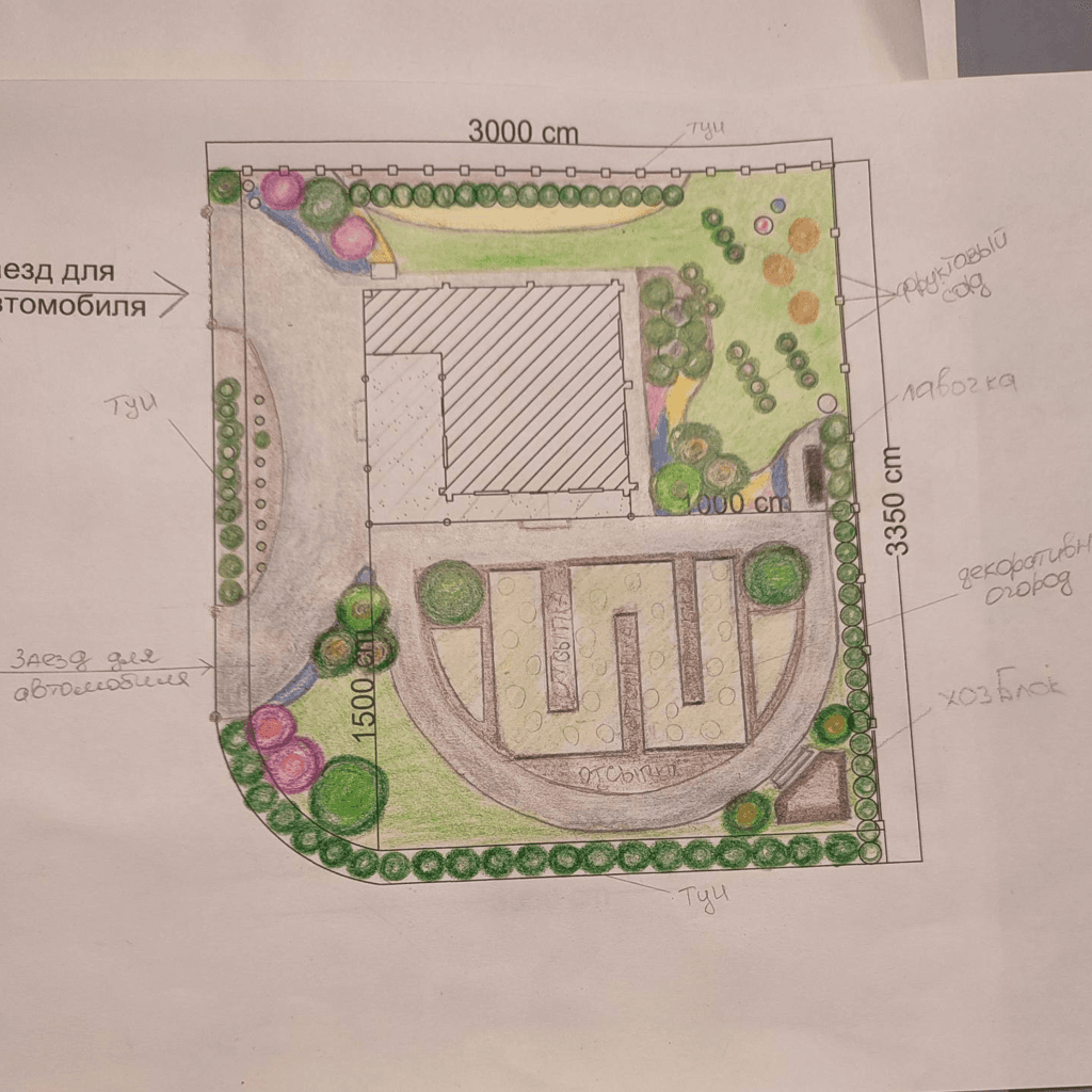 Sketch of a landscape design with modern house and garden layout.