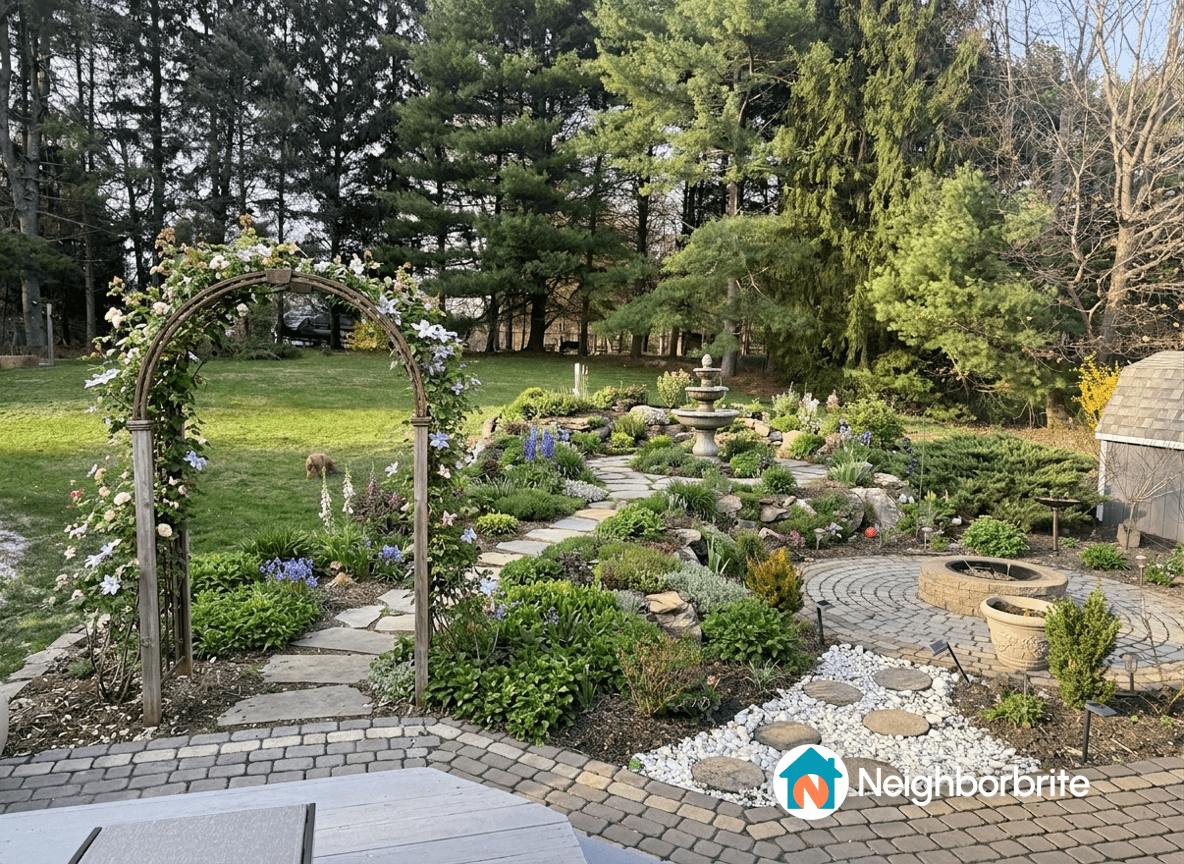 A small bucket fountain surrounded by vibrant flowers and greenery in a landscaped garden.