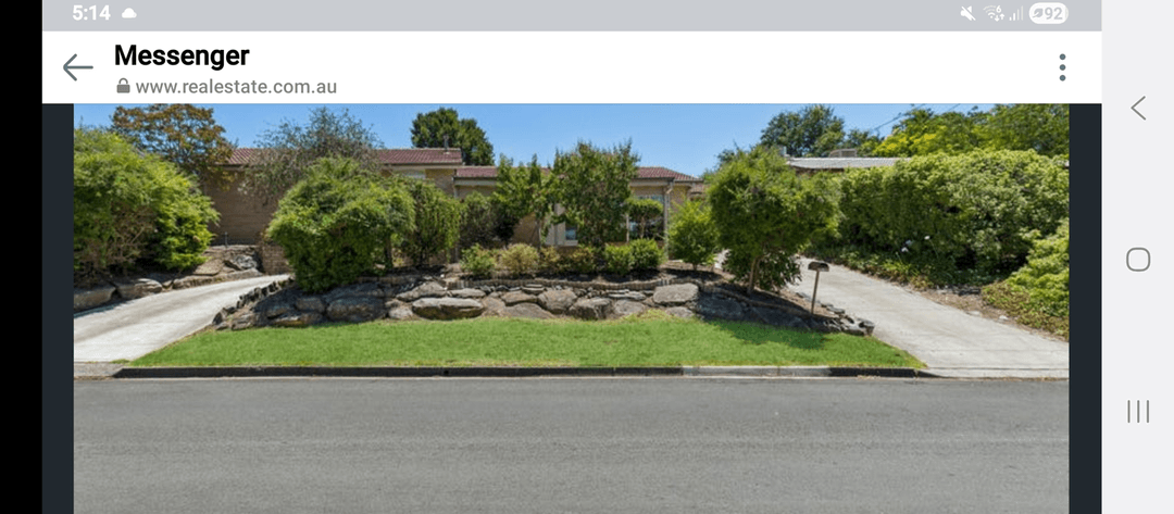 Front yard with overgrown plants, driveway, and house facade.