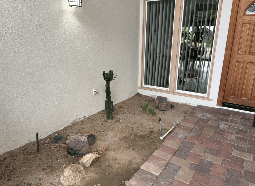 A shaded entrance area with a cactus and rocks, seeking low-water plants.