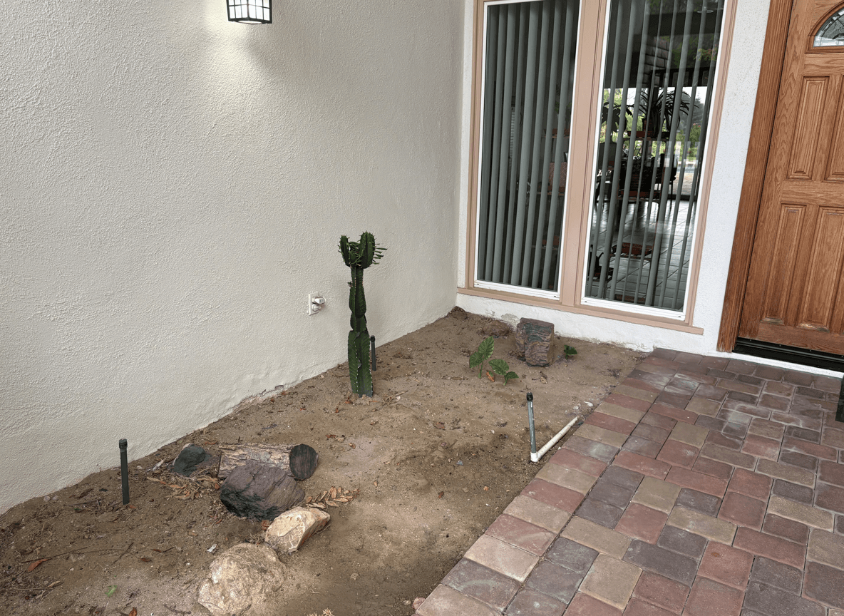 A shaded entrance area with a cactus and rocks, seeking low-water plants.