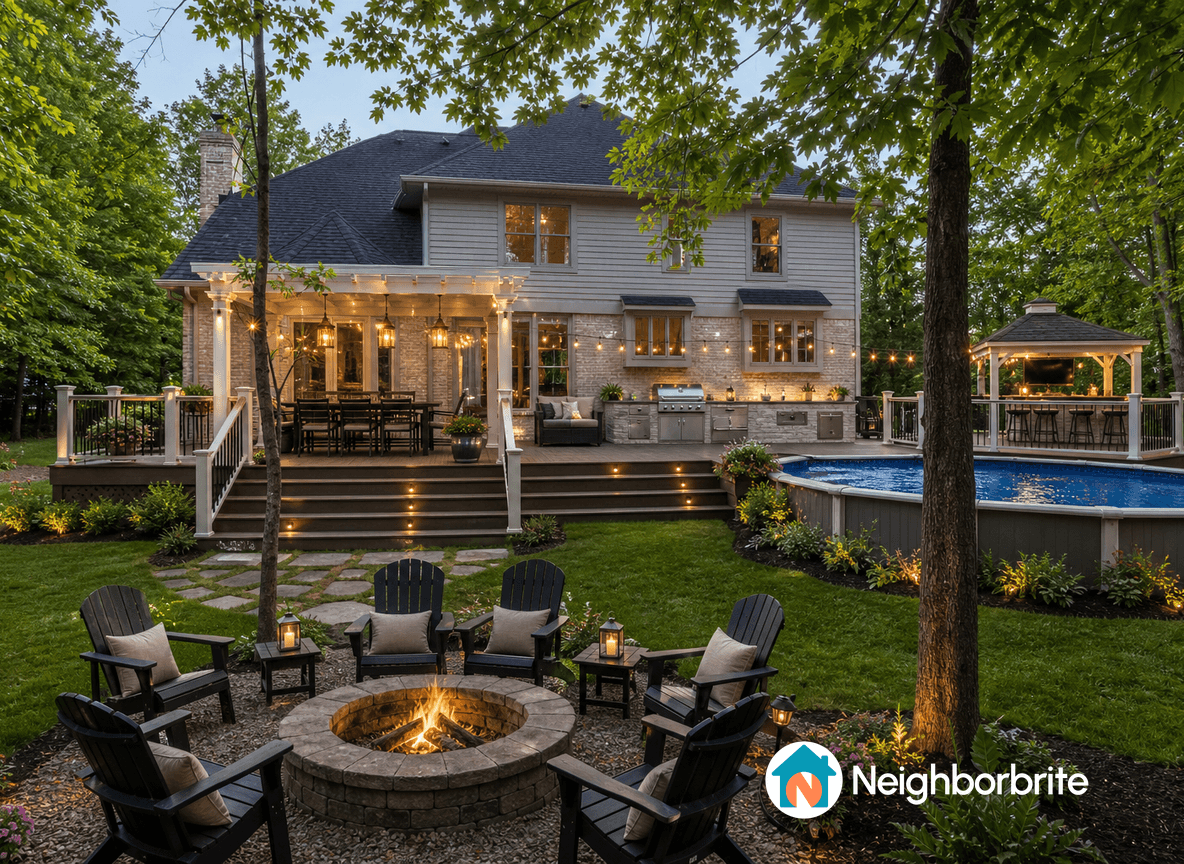 A backyard with a pool, seating area, and outdoor kitchen, suggesting a layout change.