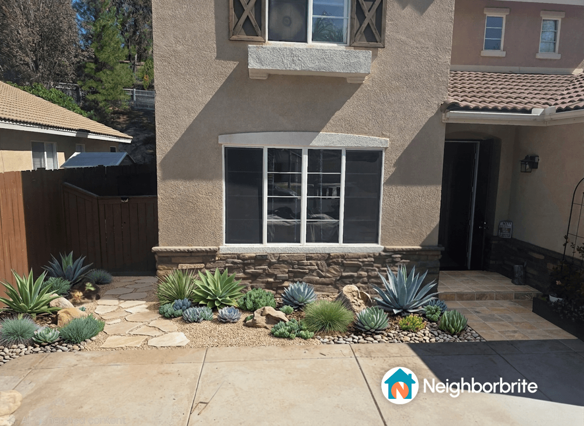 A landscaped front yard with succulents and stone pathways.