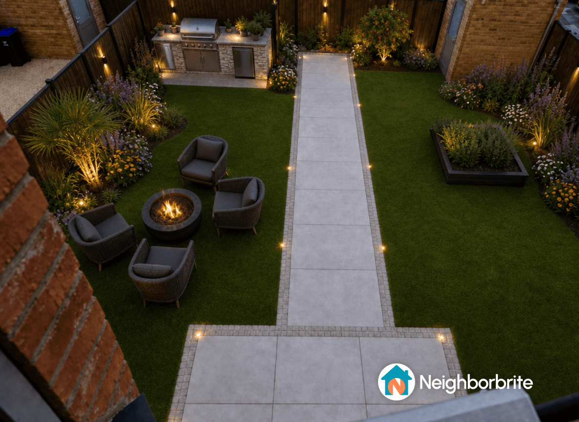 A beautifully designed backyard with seating, fire pit, and landscaping.