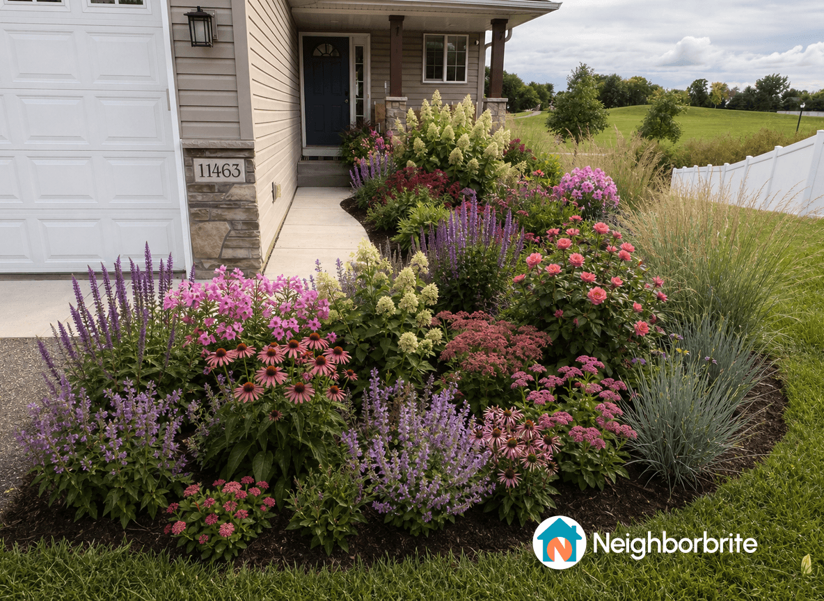 Colorful flower garden by a porch with hydrangeas to be removed.