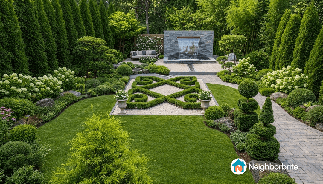 A landscaped garden with two walls in the background, featuring greenery and a water feature.