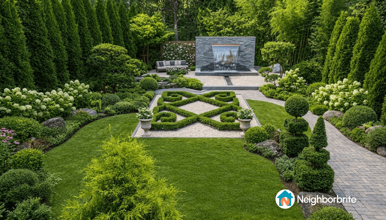 A landscaped garden with two walls in the background, featuring greenery and a water feature.